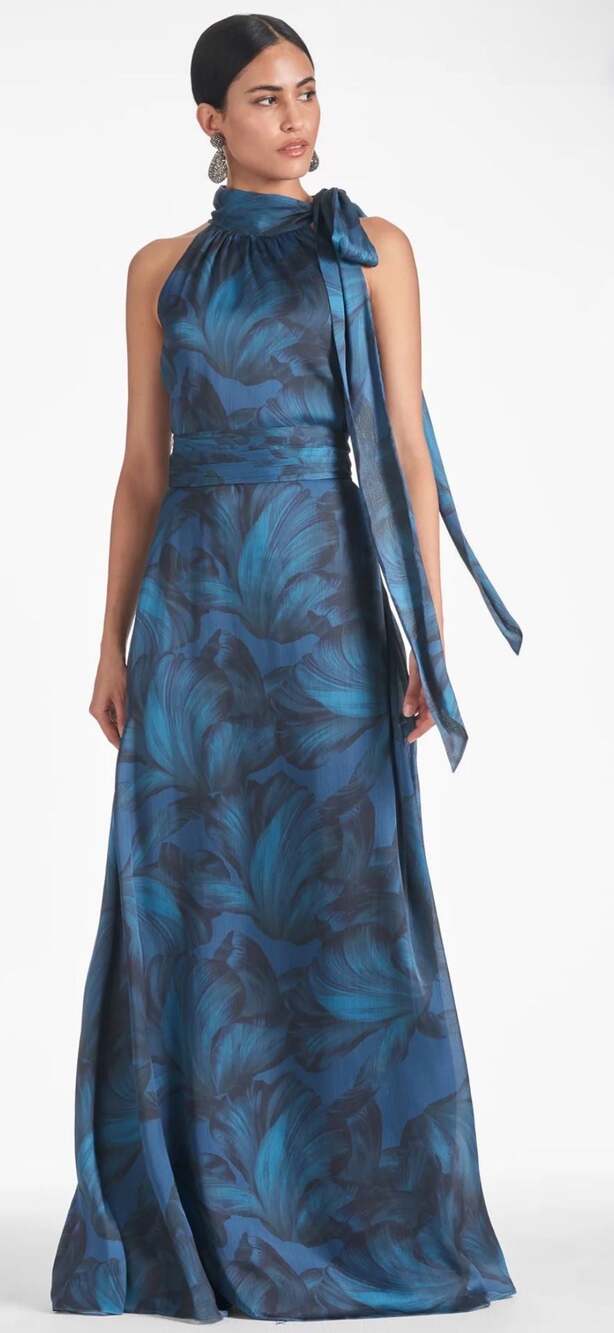 Sachin & Babi Kayla Halter Maxi Chiffon Gown Tonal Petal Blue Floral size 4